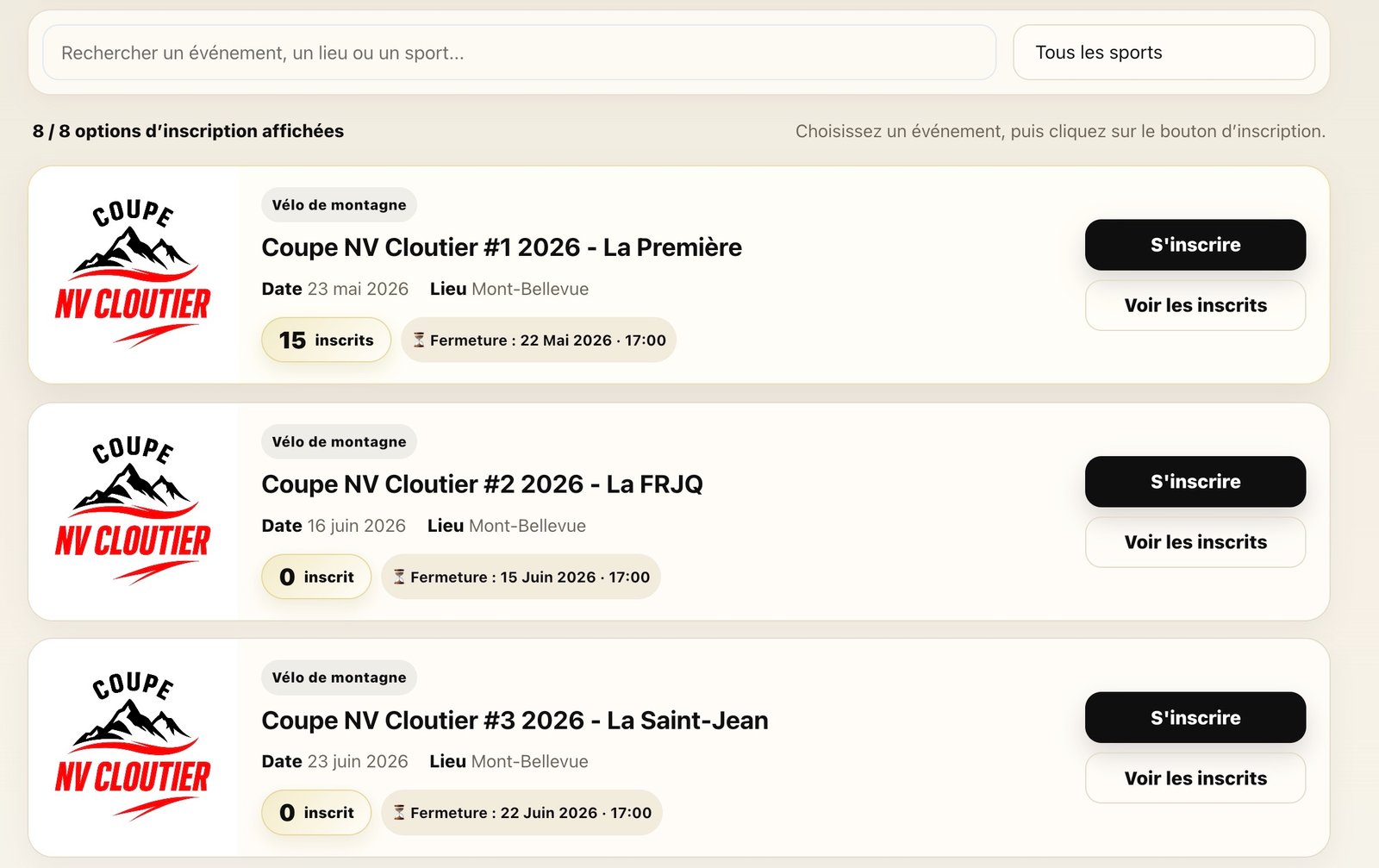 Catalogue des événements disponibles sur la plateforme MC Sport
