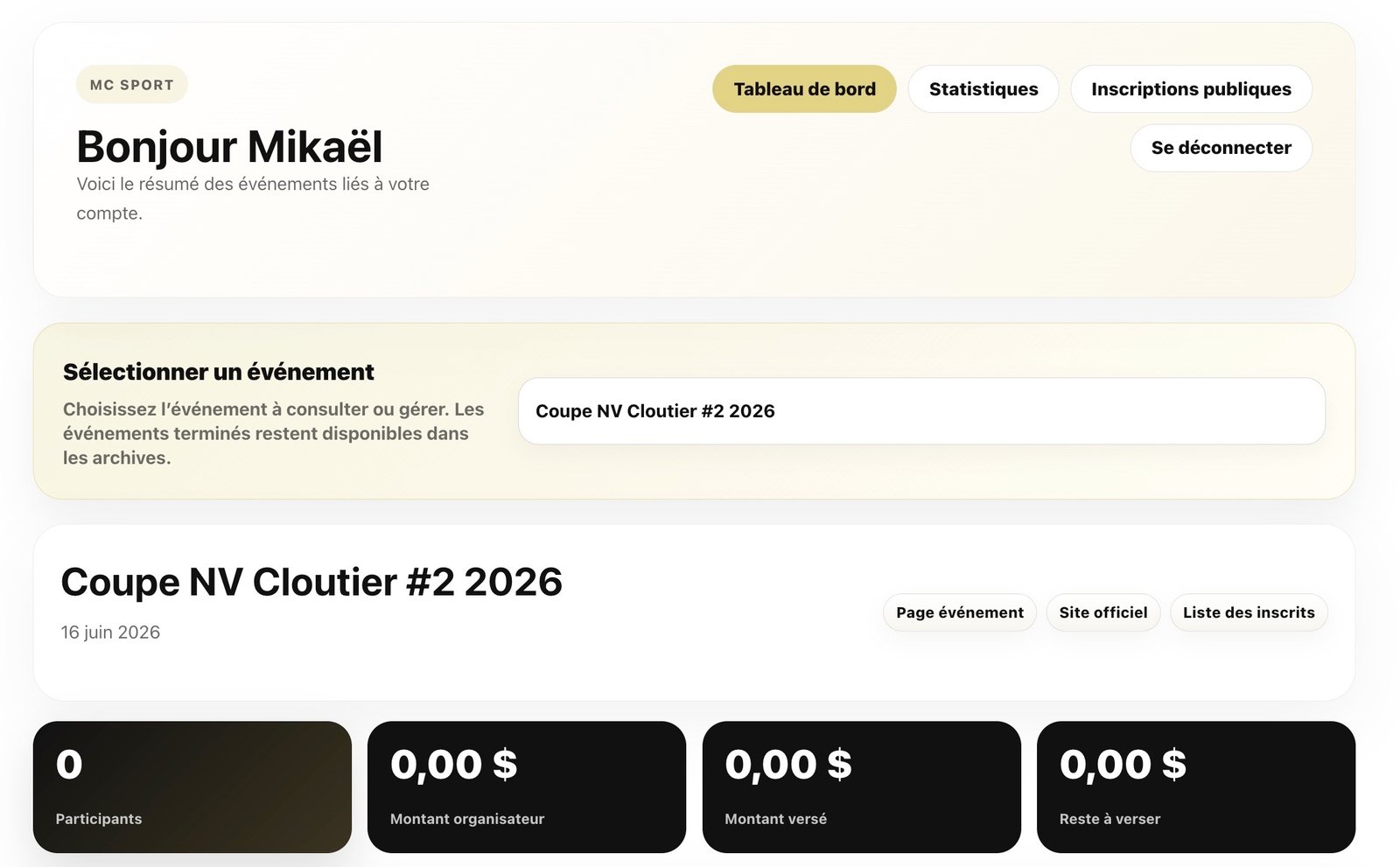 Dashboard organisateur MC Sport, vue d'un événement avec statistiques en direct